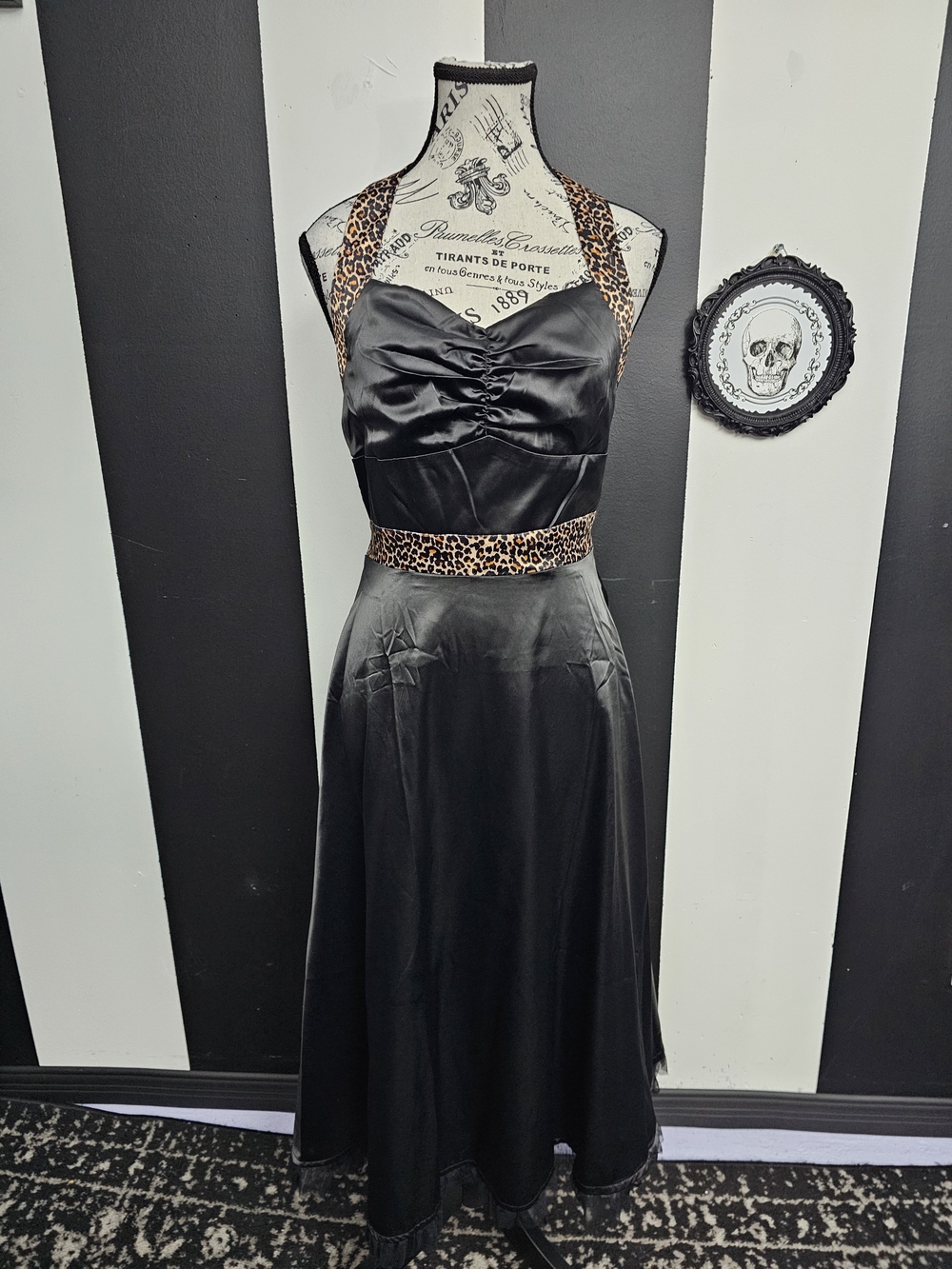 Pinup Black Midi Dress with Leopard Trim